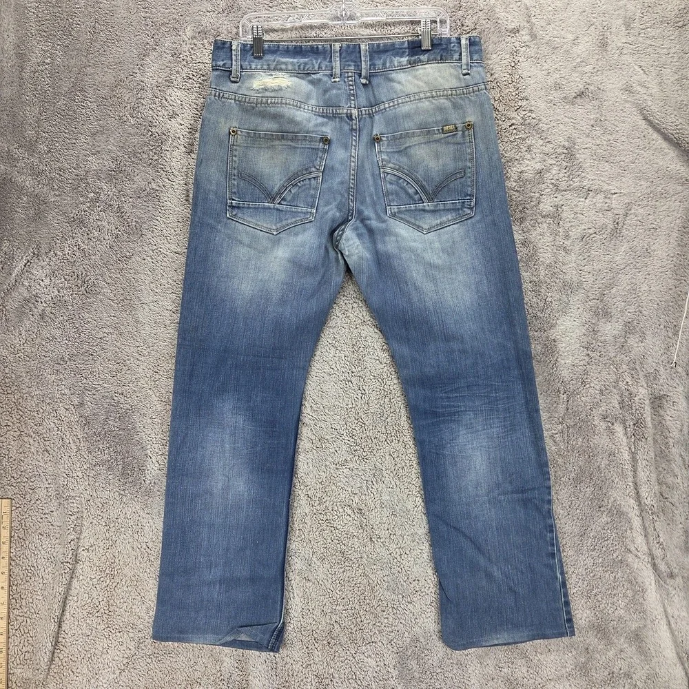 Diesel Jeans Mens 34x32 Blue Regular Straight Distressed Zip Fly Altered Hem